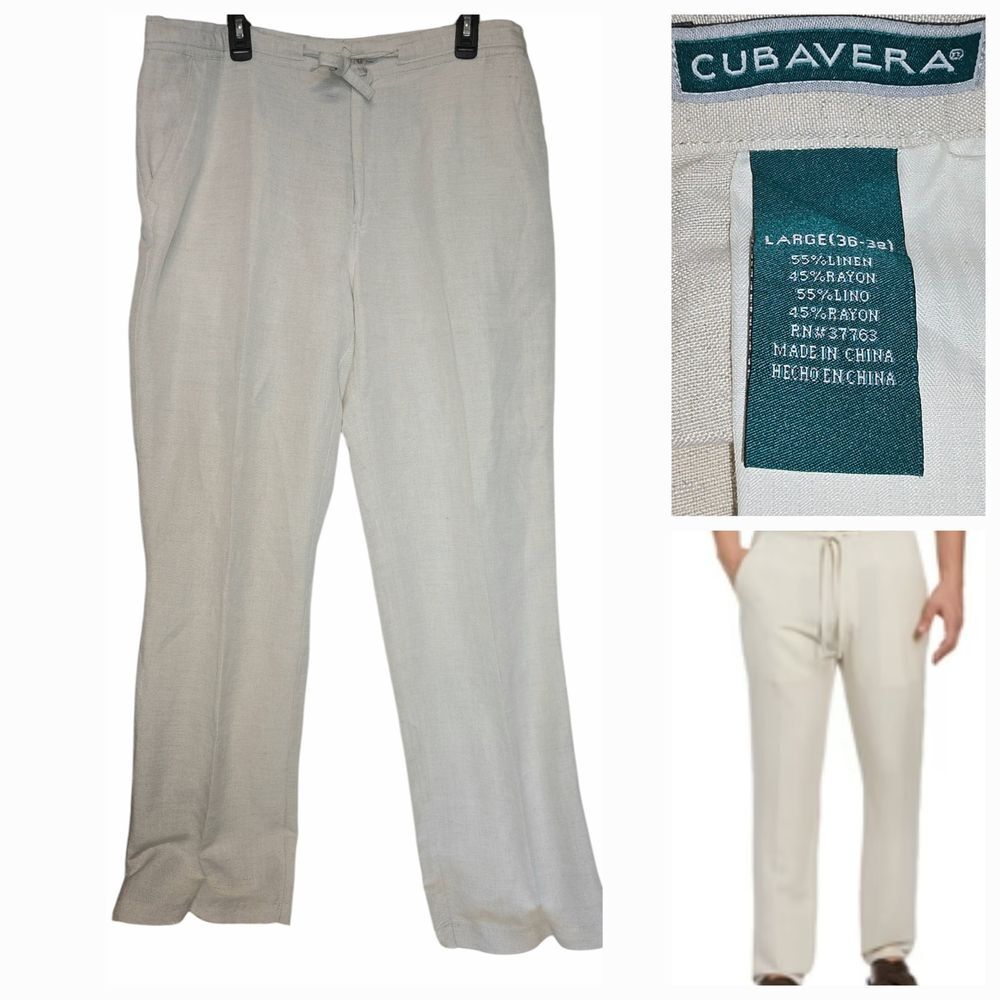 Cubavera Pants Mens L‎ 40x33 Tall Beige Linen Elastic Waist Drawstring Pockets